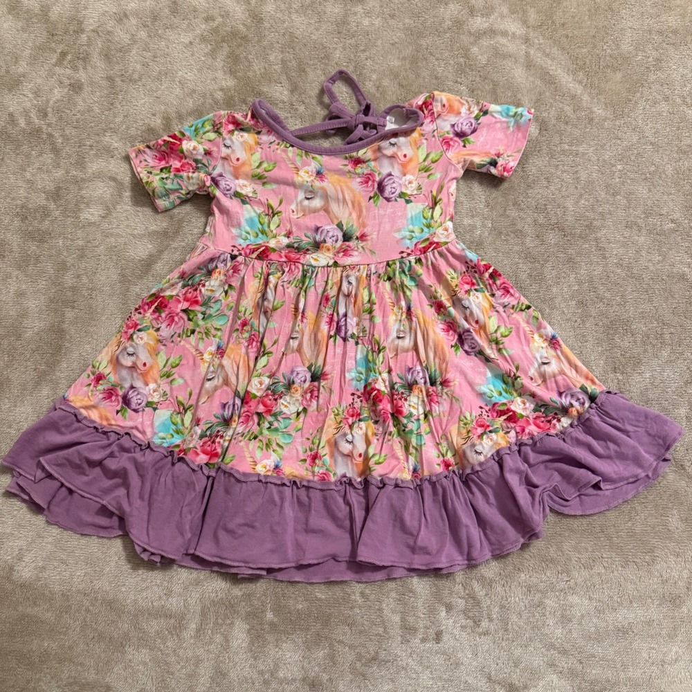 Little Bum Bums Unicorn Floral Bamboo Twirl Dress Pink Purple 2T Kids